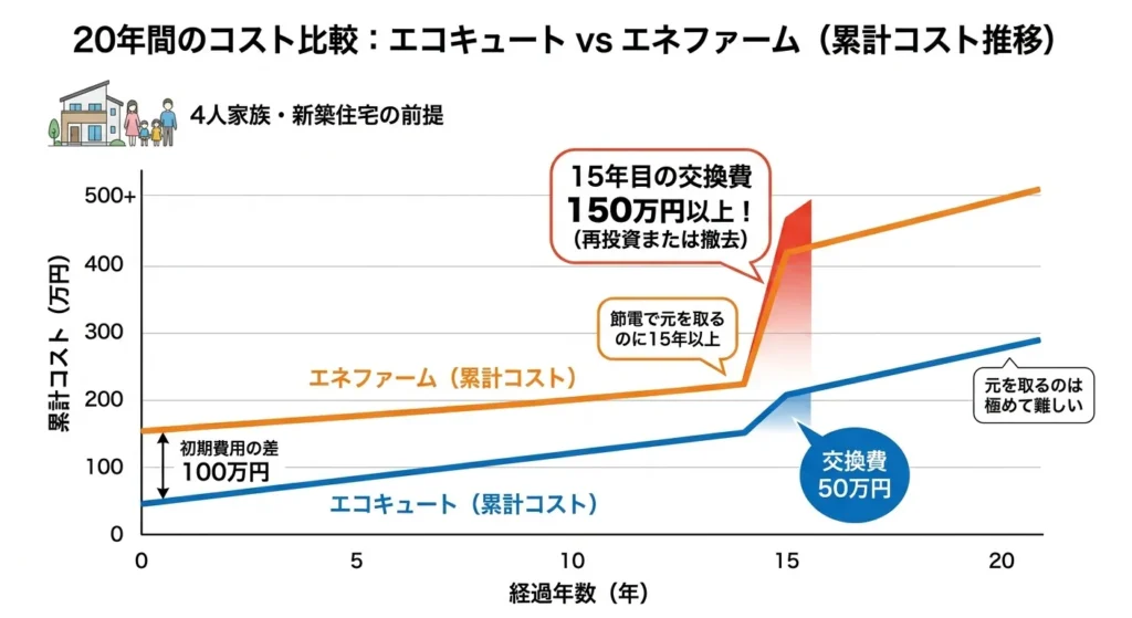 エコキュートとエネファームの20年間のコスト比較