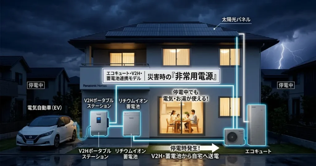 V2Hや家庭用蓄電池と連携できるエコキュートのイメージ図
