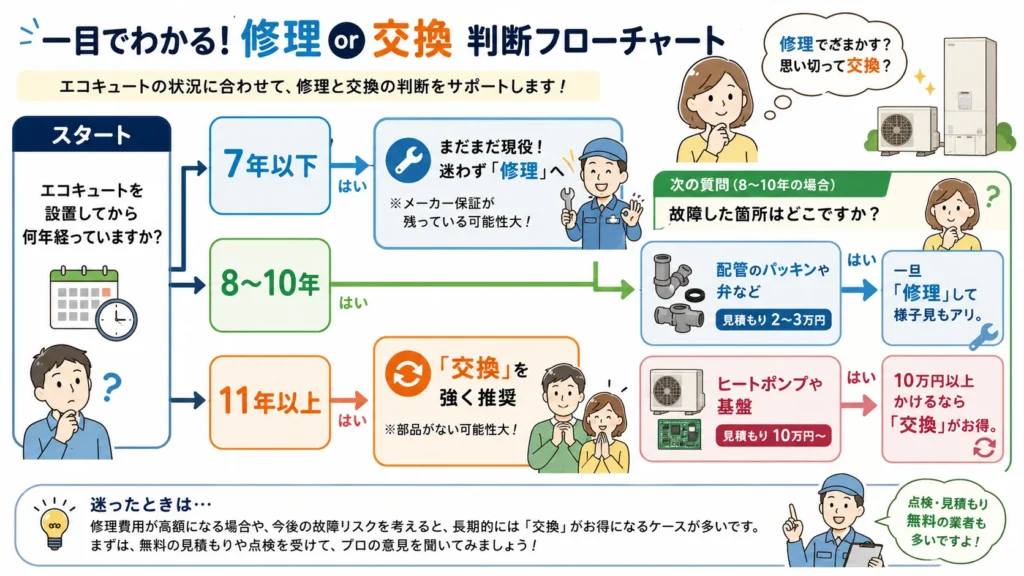 エコキュートの修理・交換判断フローチャート