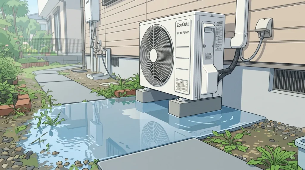 エコキュートの室外機が水浸しになっている様子