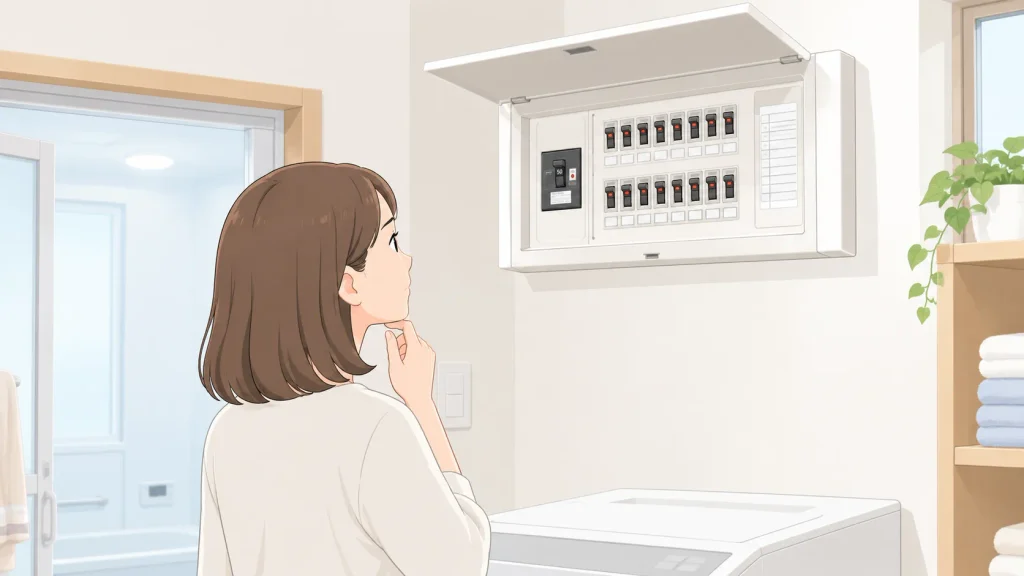 脱衣場の分電盤を見ている女性