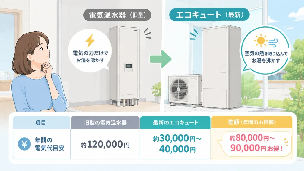 旧型の電気温水器と最新のエコキュートの電気代比較